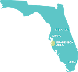map of Florida highlighting the Bradenton Area on the west coast, just south of Tampa and Orlando